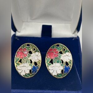 Vintage Cloisone Gold Floral Enamel Earrings
